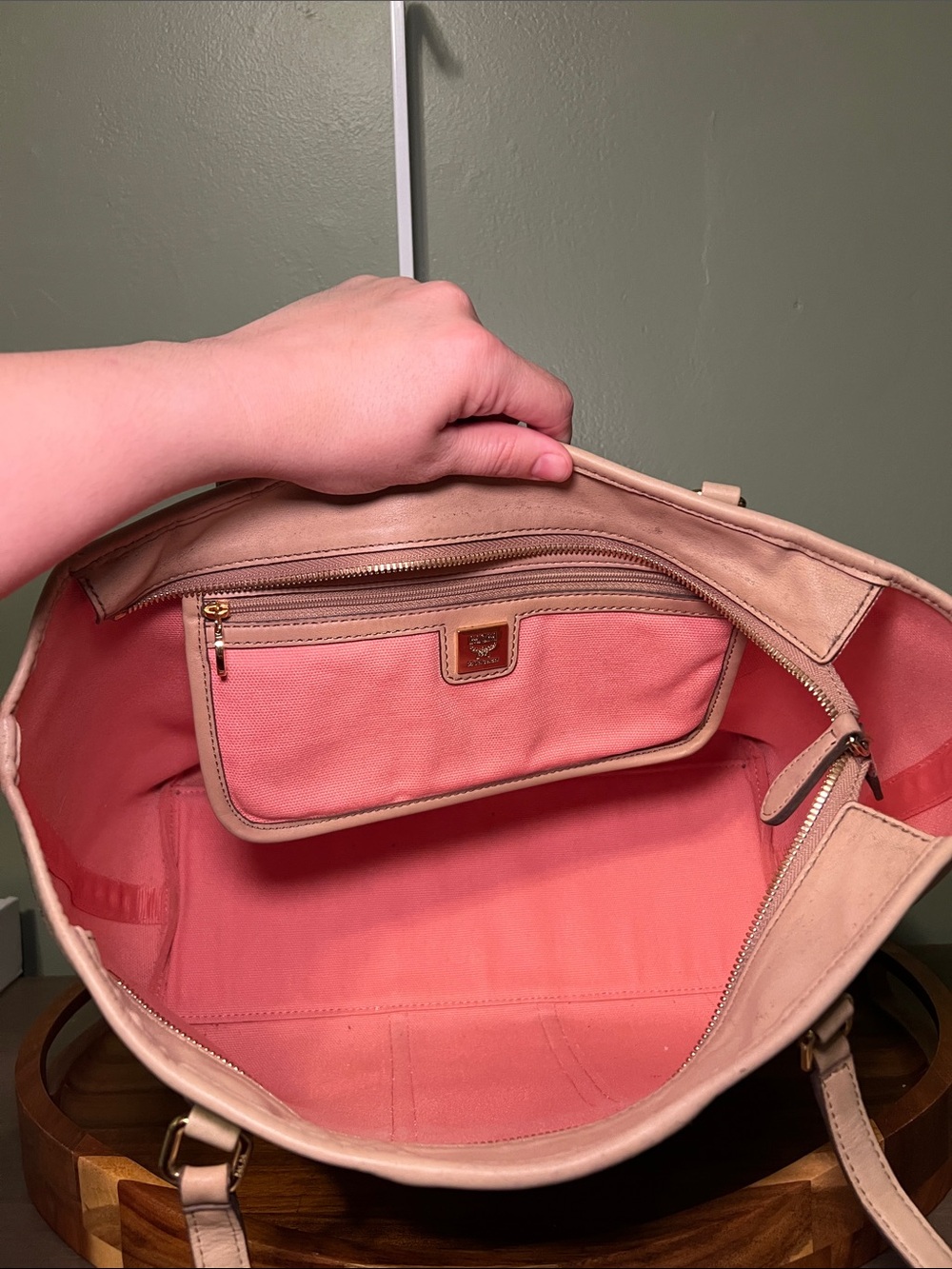 MCM Beige Logo Canvas Tote with Coral and Blue Center Stripe - Picture 9 of 10